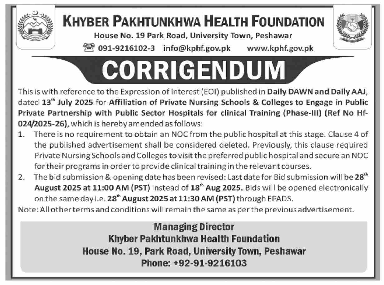 Khyber Pakhtunkhwa Health Foundation Peshawar Tender Notice